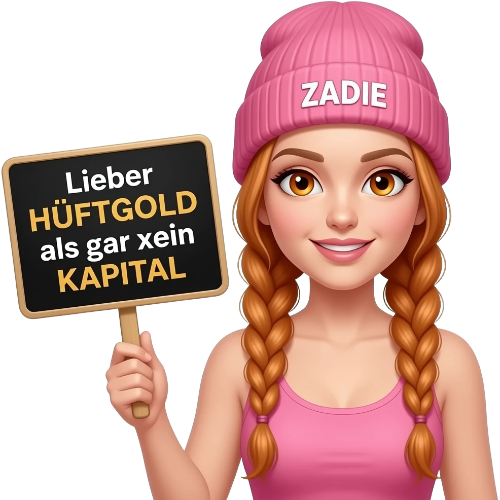 sexy girl with overlong ginger braids and ginger eyes wearing a pink tanktop and a pink beanie with ZADIE written on it, is holding a black sign with Lieber HÜFTGOLD als gar kein KAPITAL written on it emoji