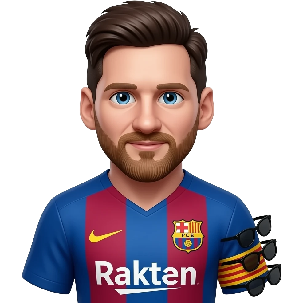 Messi-inspired 3D emoji, full Barcelona jersey, 3 identical black sunglasses stacked near right sleeve. emoji