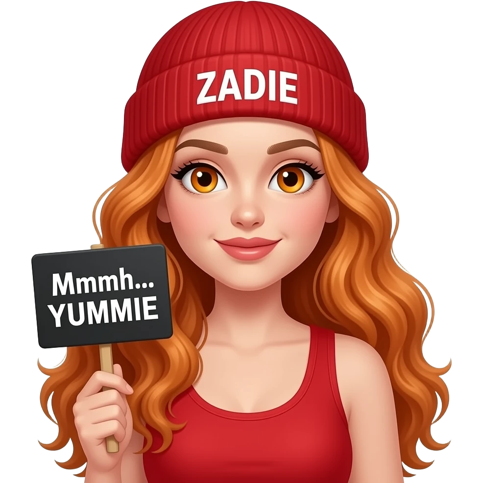 sexy girl with overlong wavy ginger hair and ginger eyes wearing a red tanktop and a red beanie with ZADIE written on it, is holding a black sign with Mmmh... YUMMIE written on it emoji