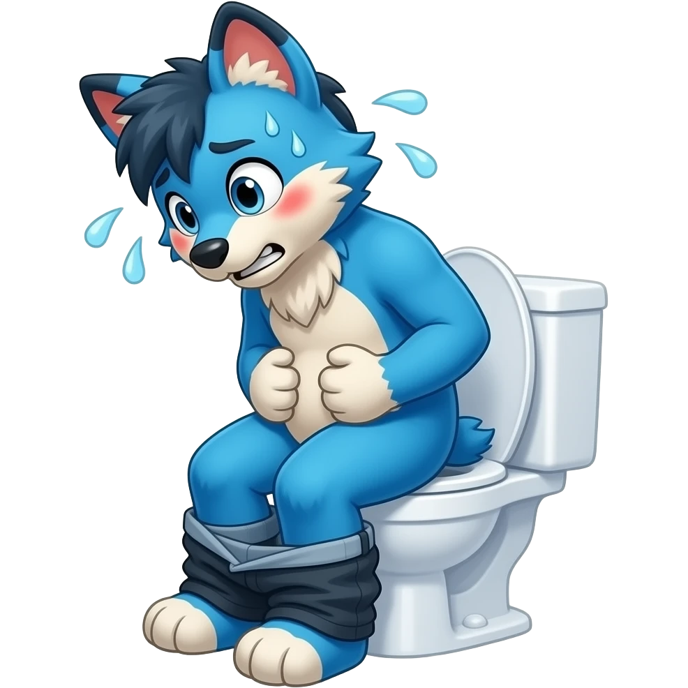 blue fursuit sitting on toilet, pants down, side view , hands on stomach, uncomfortable, squeezing, straining, sweating, red cheeks emoji