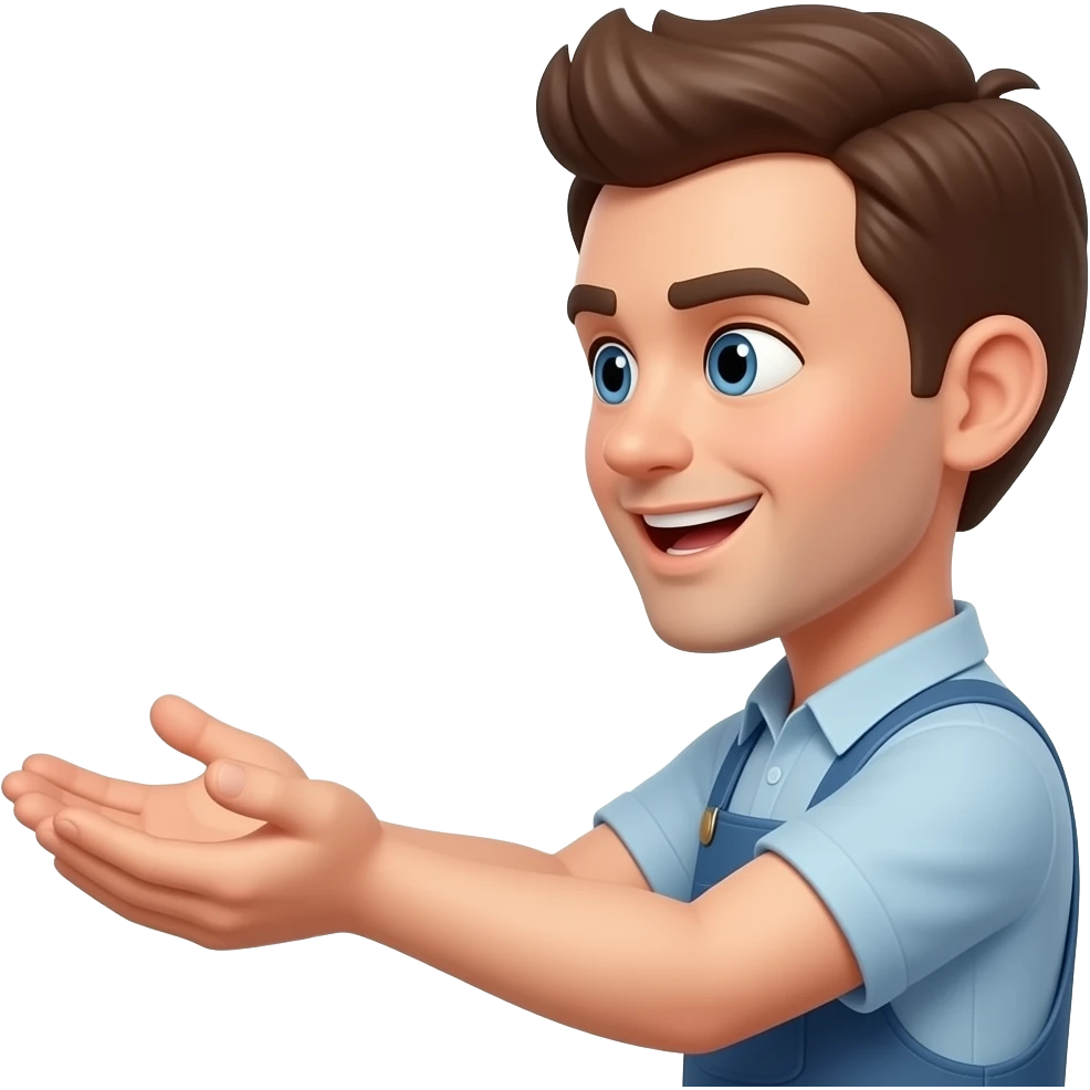 una persona con cara de tonto recibiendo con las manos abiertas, perspectiva de costado izquierdo, con las manos vacias emoji
