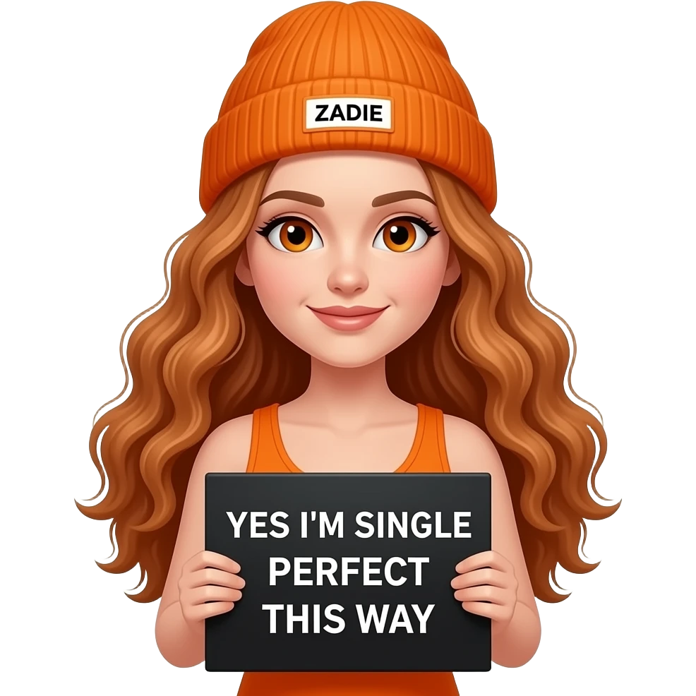 sexy girl with overlong wavy ginger hair and ginger eyes wearing a orange tanktop and a orange beanie with ZADIE written on it, is holding a black sign with YES I'M SINGLE and PERFECT THIS WAY written on it emoji