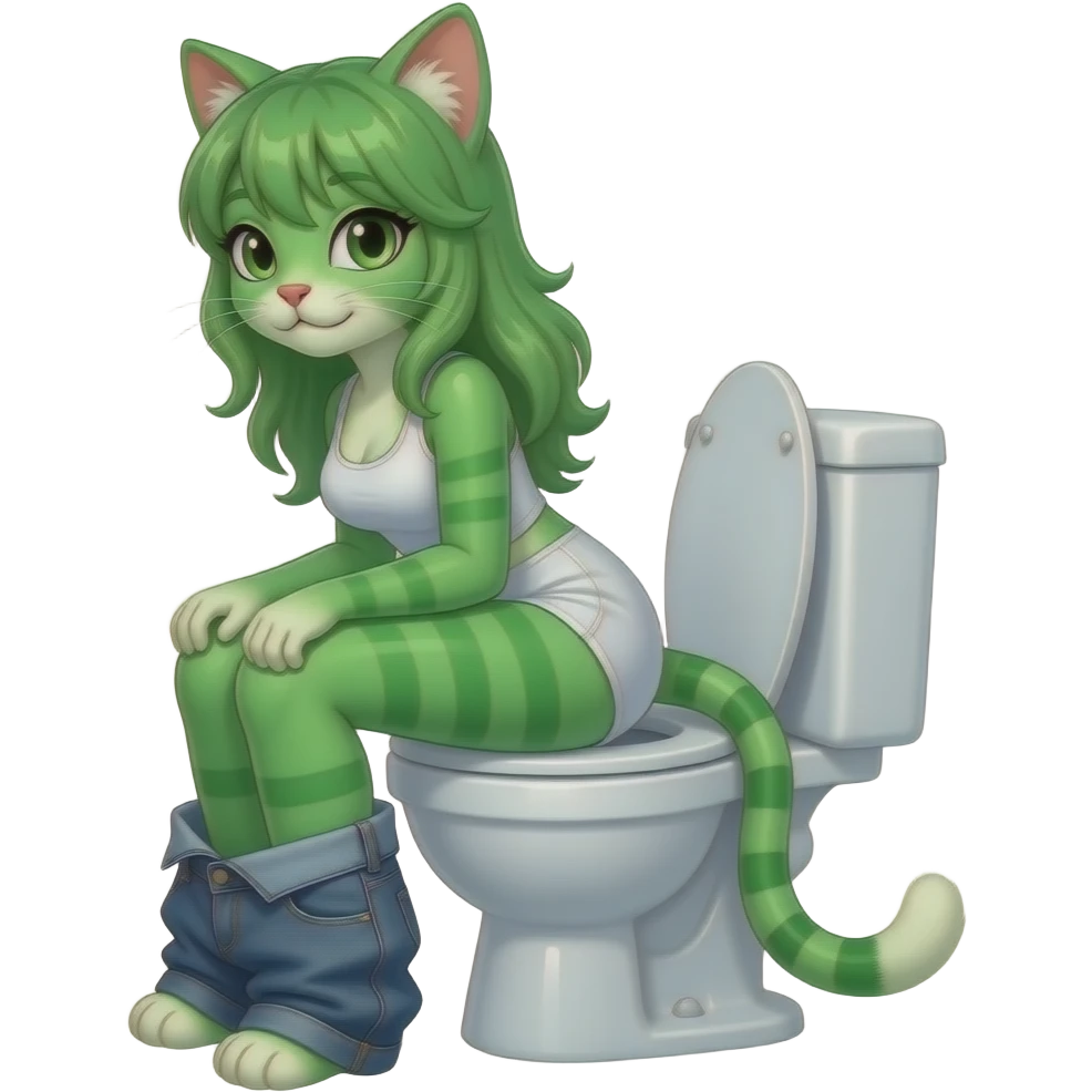 Female green jello cat furry person woman,sit on toilet pants down,fursona,side view emoji