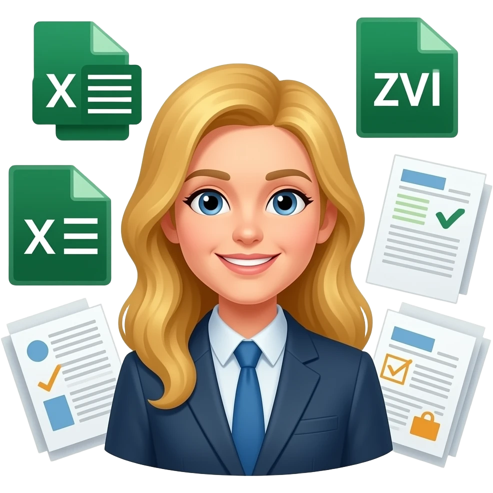 master data specialist with .xls .csv .xml sheets and docs around his head , blond long hair emoji