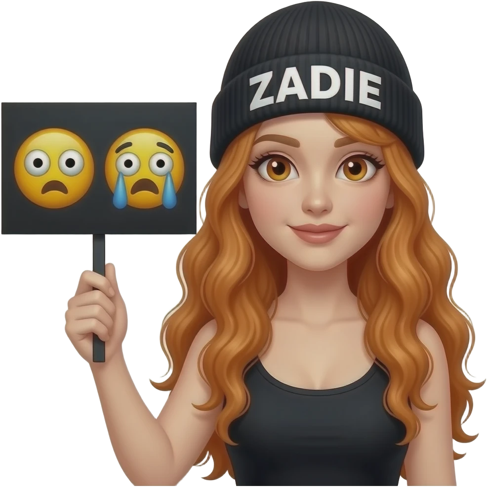 sexy girl with overlong wavy ginger hair and ginger eyes wearing a black tanktop and a black beanie with ZADIE written on it, is holding a black sign with 🙈🙉🙊 on it emoji