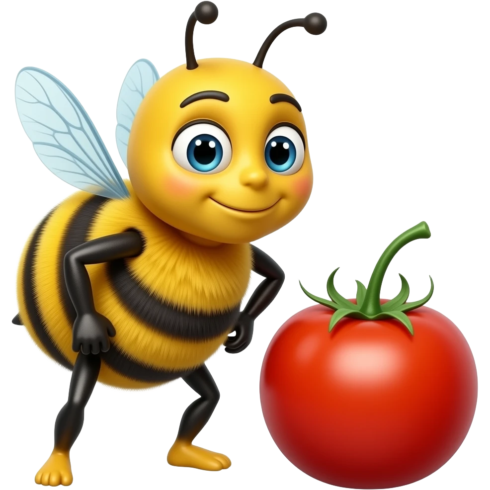 another posture with this bumblebee character and a big cherry tomato emoji