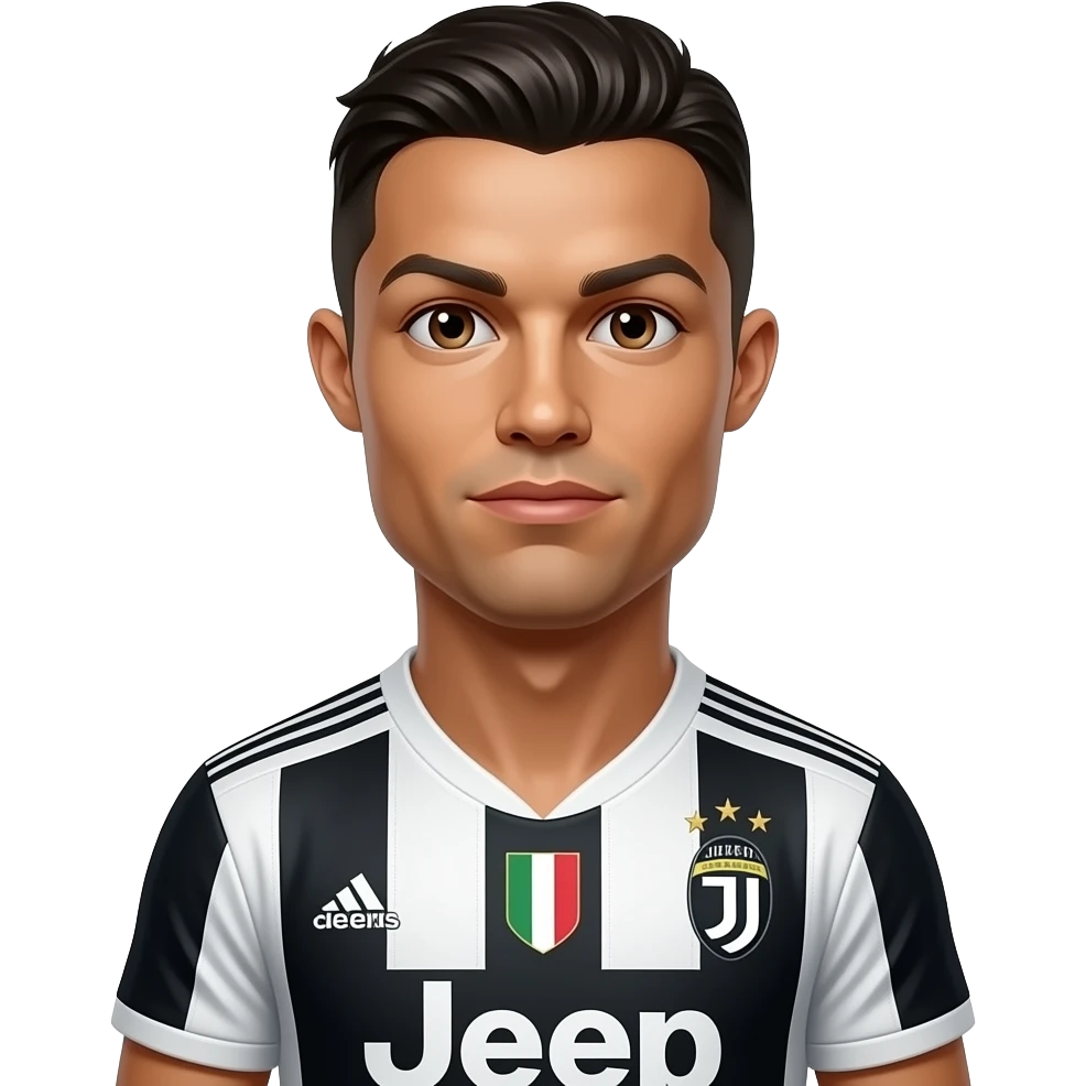Top middle Cristiano Ronaldo emoji, Juventus jersey, hidden realistic eye above left eyebrow, bright 3D cartoon style. emoji