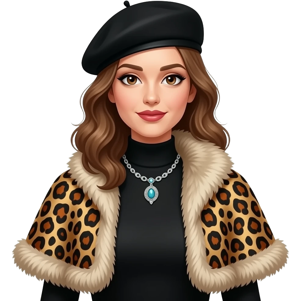 A glamorous woman wearing a black turtleneck dress, a leopard-print cape with fur trim and a black beret. She is adorned with a statement necklace. emoji