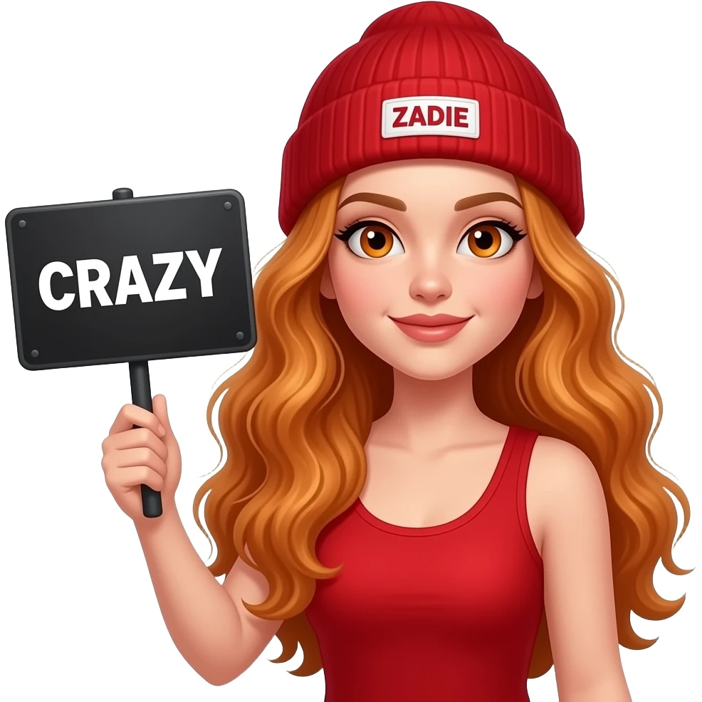 sexy girl with overlong wavy ginger hair and ginger eyes wearing a red tanktop and a red beanie with ZADIE written on it, is holding a black sign with CRAZY written on it emoji
