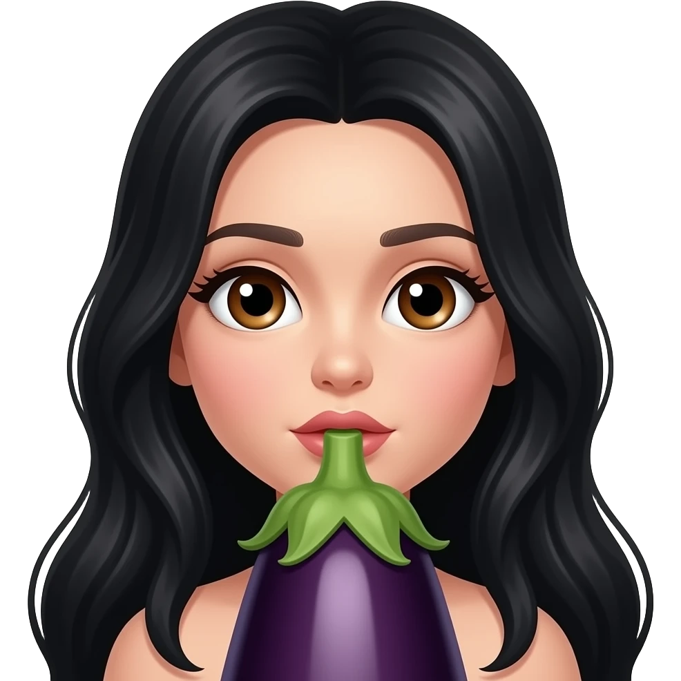 Long Black hair brown eyes licking a big eggplant emoji