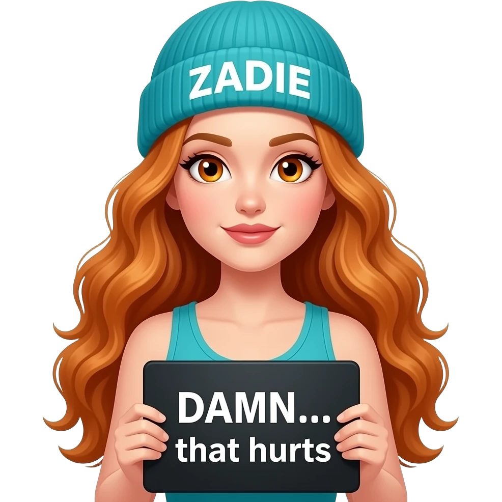 sexy girl with overlong wavy ginger hair and ginger eyes wearing a turquoise tanktop and a turquoise beanie with ZADIE written on it, is holding a black sign with DAMN... that hurts written on it emoji