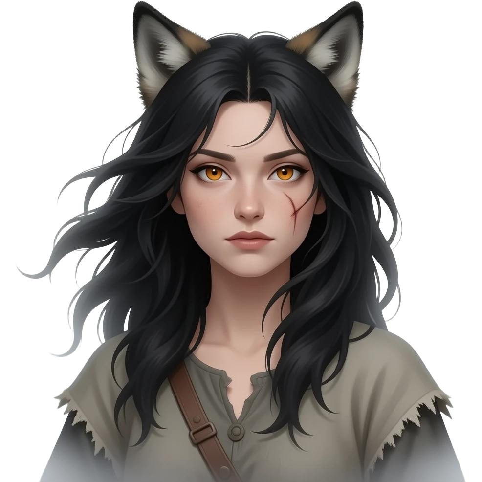 > “Female lycan portrait, long messy black hair, wolf ears, simple villager clothes, rough ordinary face, dark fantasy style” emoji