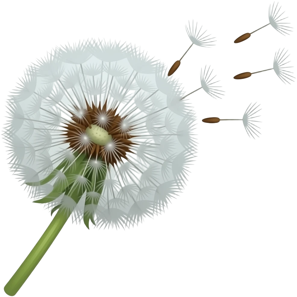 Dandelion flower whose some of the seeds are flying. Detailed emoji