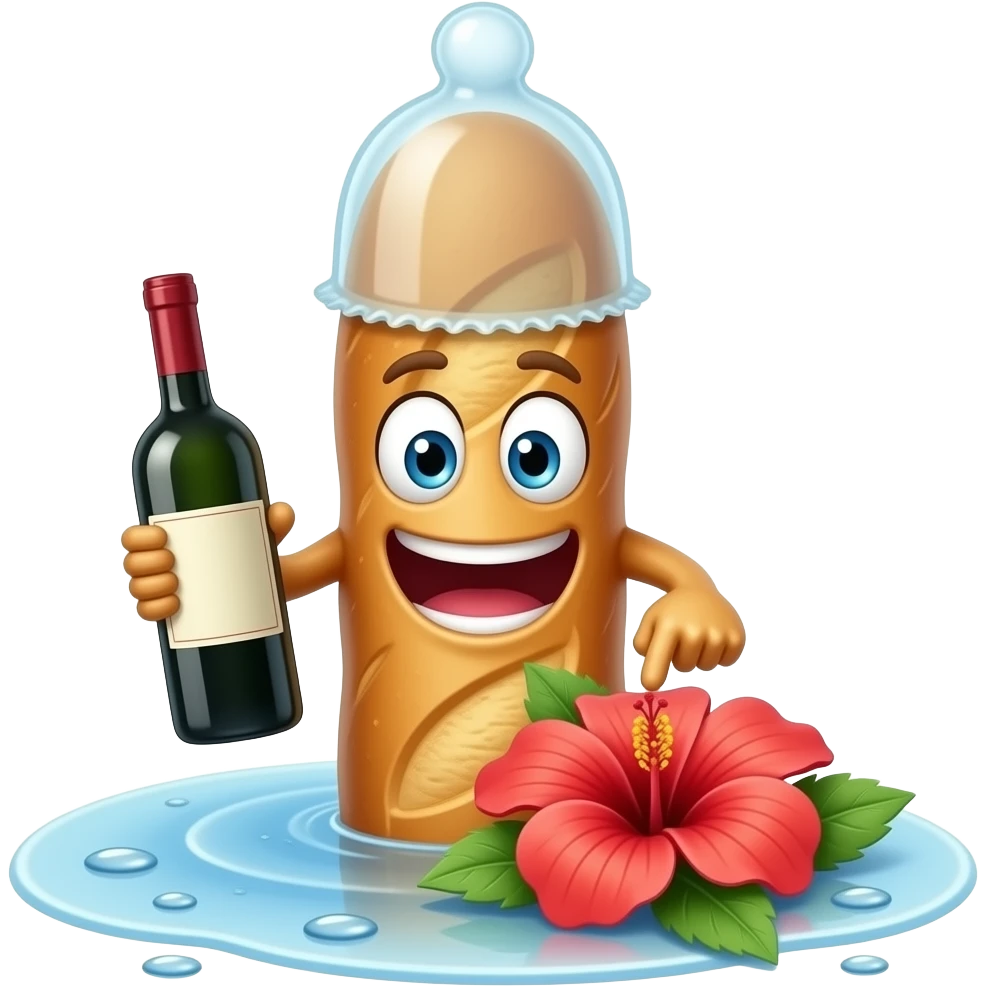 Longue Baguette avec une bouche, des yeux et des bras. Elle a un preservatif sur le haut de la tete et une bouteille de vin dans la main. L'autre main a deux doigts tendus et collés touchant le centre d'un hibiscus qui a des gouttes d'eau autour emoji