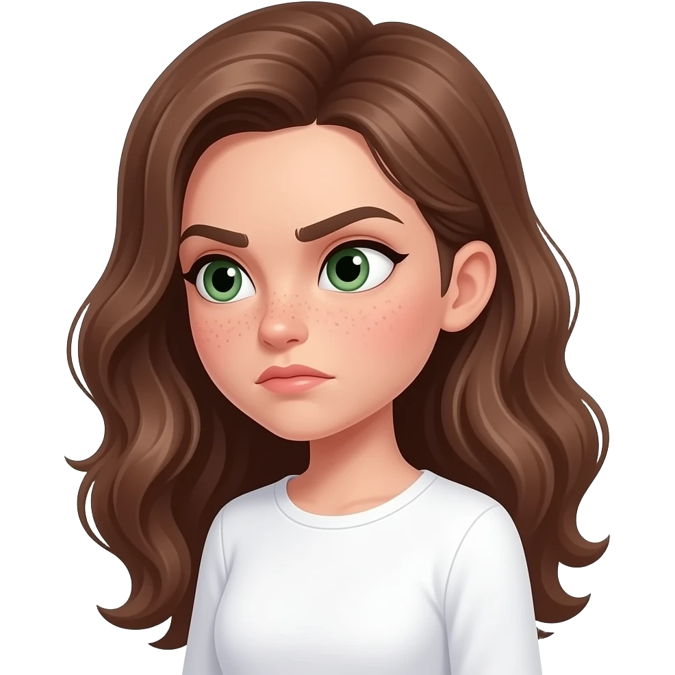 side view strong face expression very visible judgmental,caricatured,suspicious side-eye meme eyes looking sharply to the side looking sideways with suspicion by Brown wavy long haired with green eyes with one eyebrow raised cute face with freckles pretty girl in cute white top with long sleeve emoji
