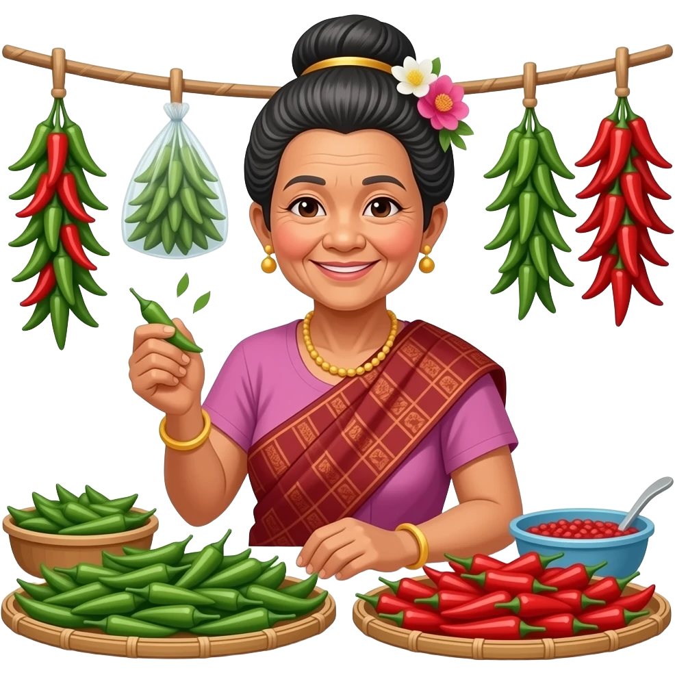 A Thai old woman is selling green and red Thai chili peppers at the market emoji
