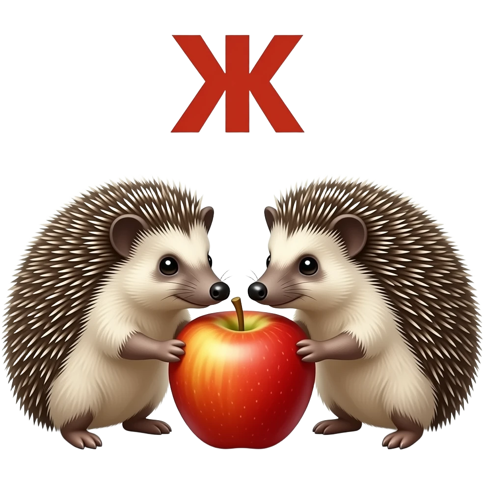 Text above the hedgehogs russian text: "е Ж ы". Two hedgehogs sniff an apple. Emoji. emoji