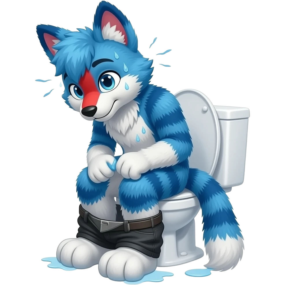blue fursuit sitting on toilet, side view, pants down,  straining, red face, sweating emoji