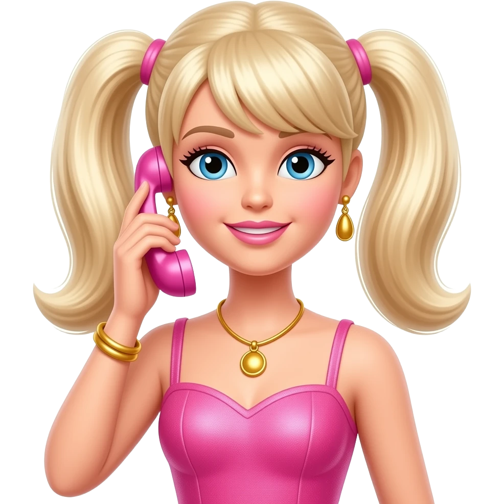 a blonde Barbie with pigtails, wearing a pink dress, holding a pink phone, and wearing gold jewelry emoji