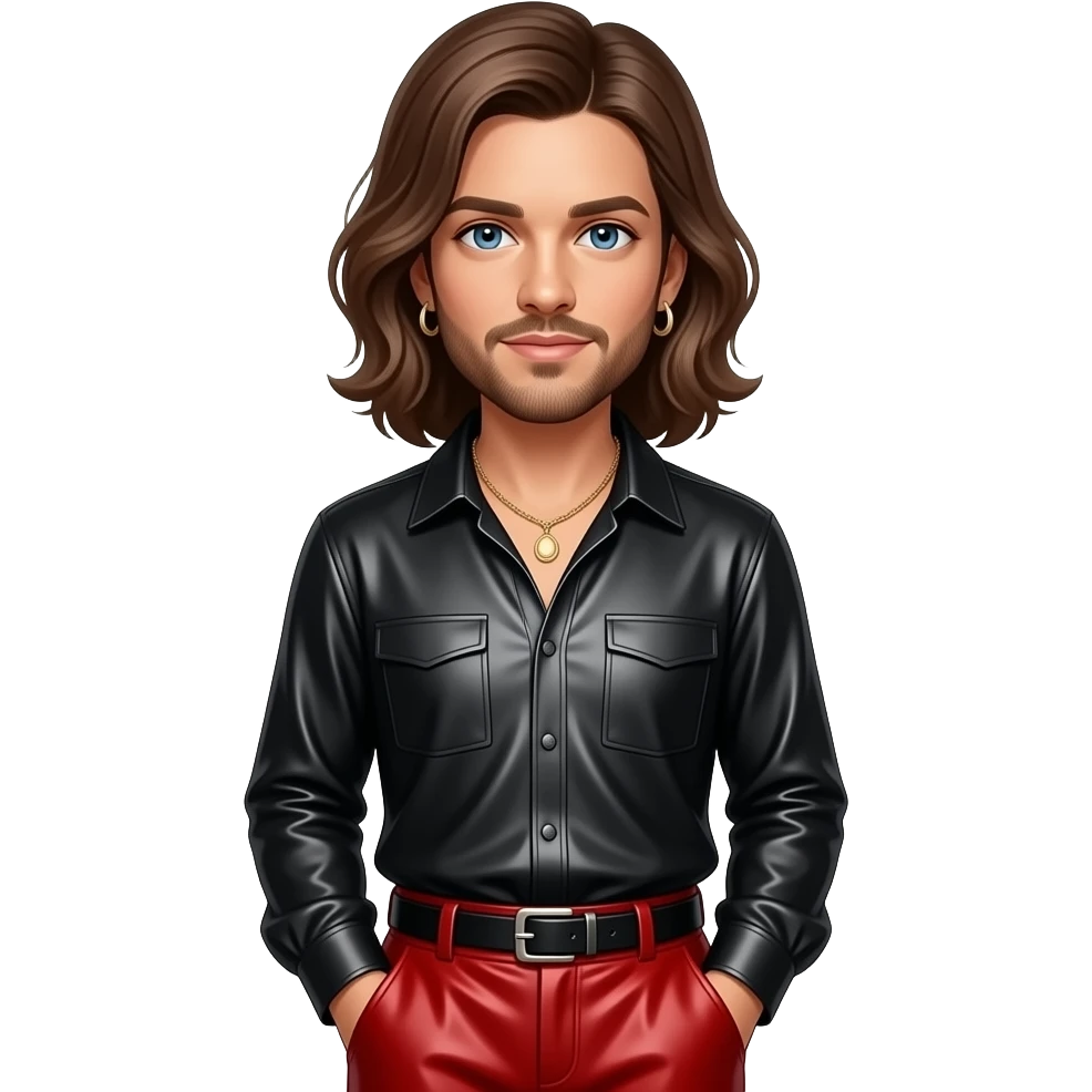 Robin Thicke with blue eyes, dark brown hair, black metallic blouse, red metallic baggy pants, necklace and earrings emoji