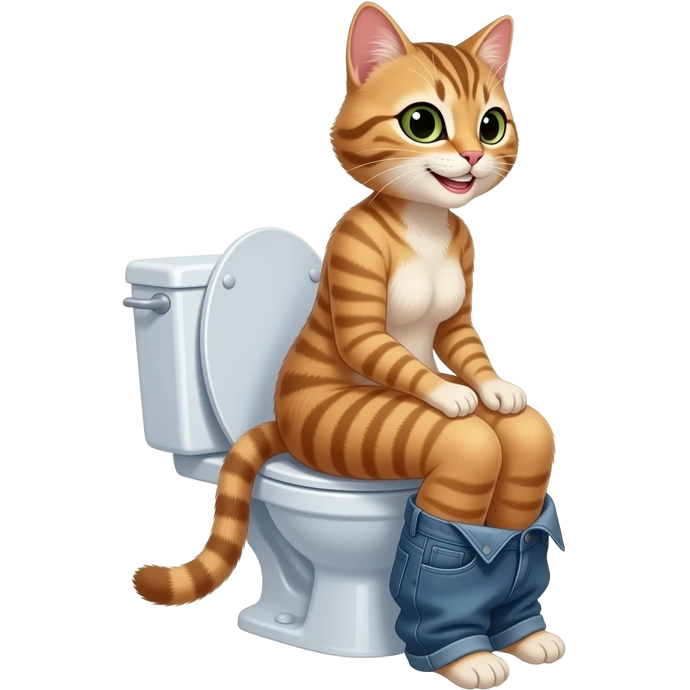 Female mud cat furry woman sit on toilet pants down,smile,side veiw emoji