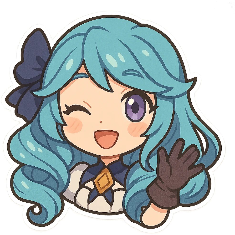 chibi style Gwen from League of Legends, only head, right eye purple, one hand waving with glove, cheerful and friendly emoji
