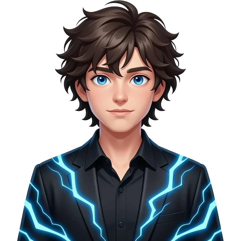 young male with long, messy dark brown hair, glowing electric blue eyes and a black outfit with a blue electrical current surrounding his body - full body emoji
