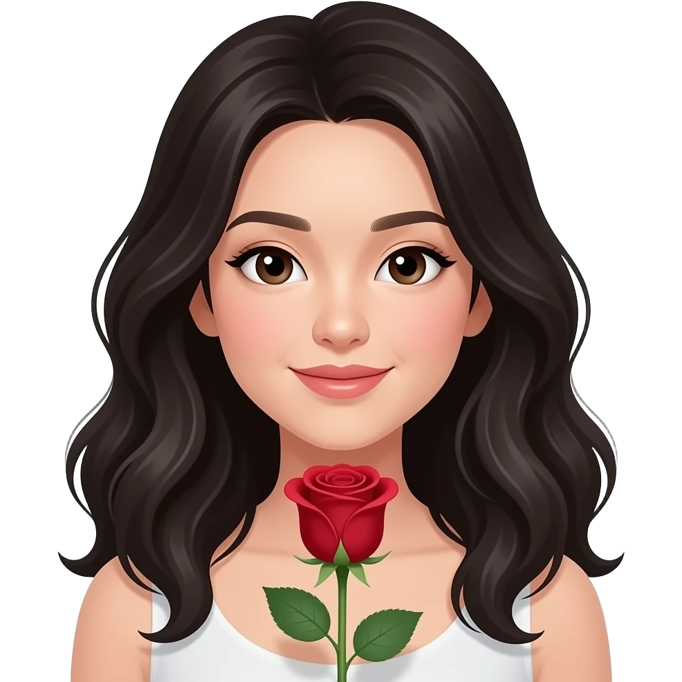 Mujer asiática recibiendo una rosa, que la chica sea piel muy clara, cabello ondulado y negro y con ojos asiáticos emoji