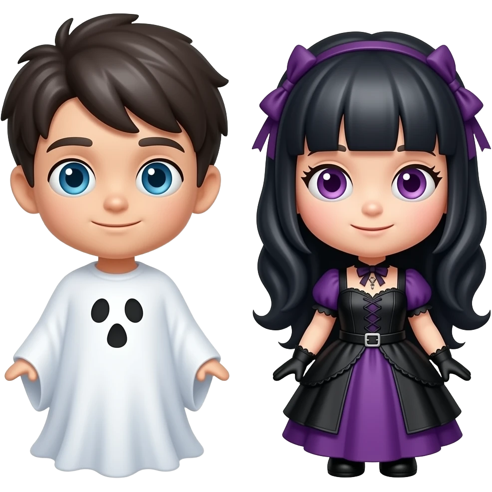 same exact cute 3D ghost couple emoji, looking slightly up, white ghost boy and gothic ghost girl, kawaii style, glossy 3D emoji render, only camera angle changes, same character identity, same proportions, same colors emoji