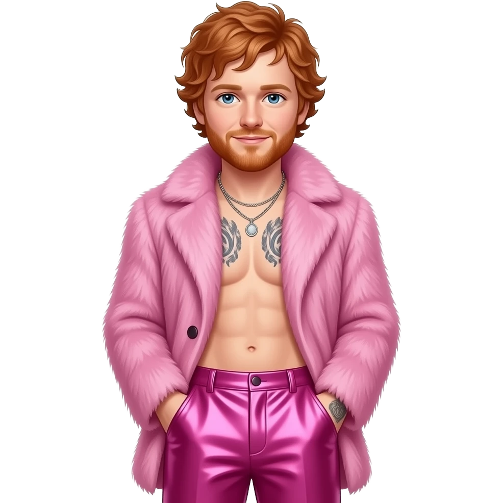 Ed Sheeran with blue eyes, red hair, pink fur coat, hot pink metallic baggy pants, shirtless with necklace emoji