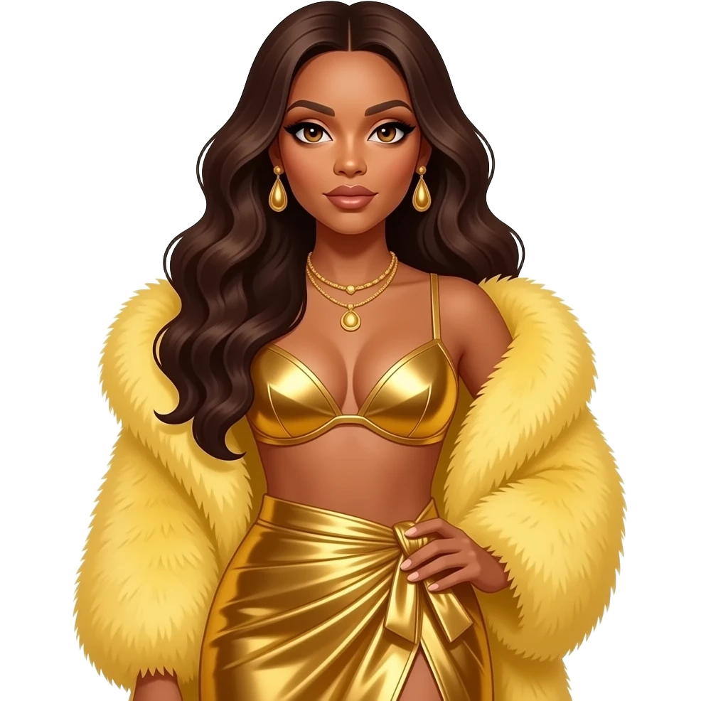 Beyonce with hazel eyes, long dark brown hair, yellow fur shawl, gold metallic bra, gold metallic long wrap skirt, necklace and earrings emoji