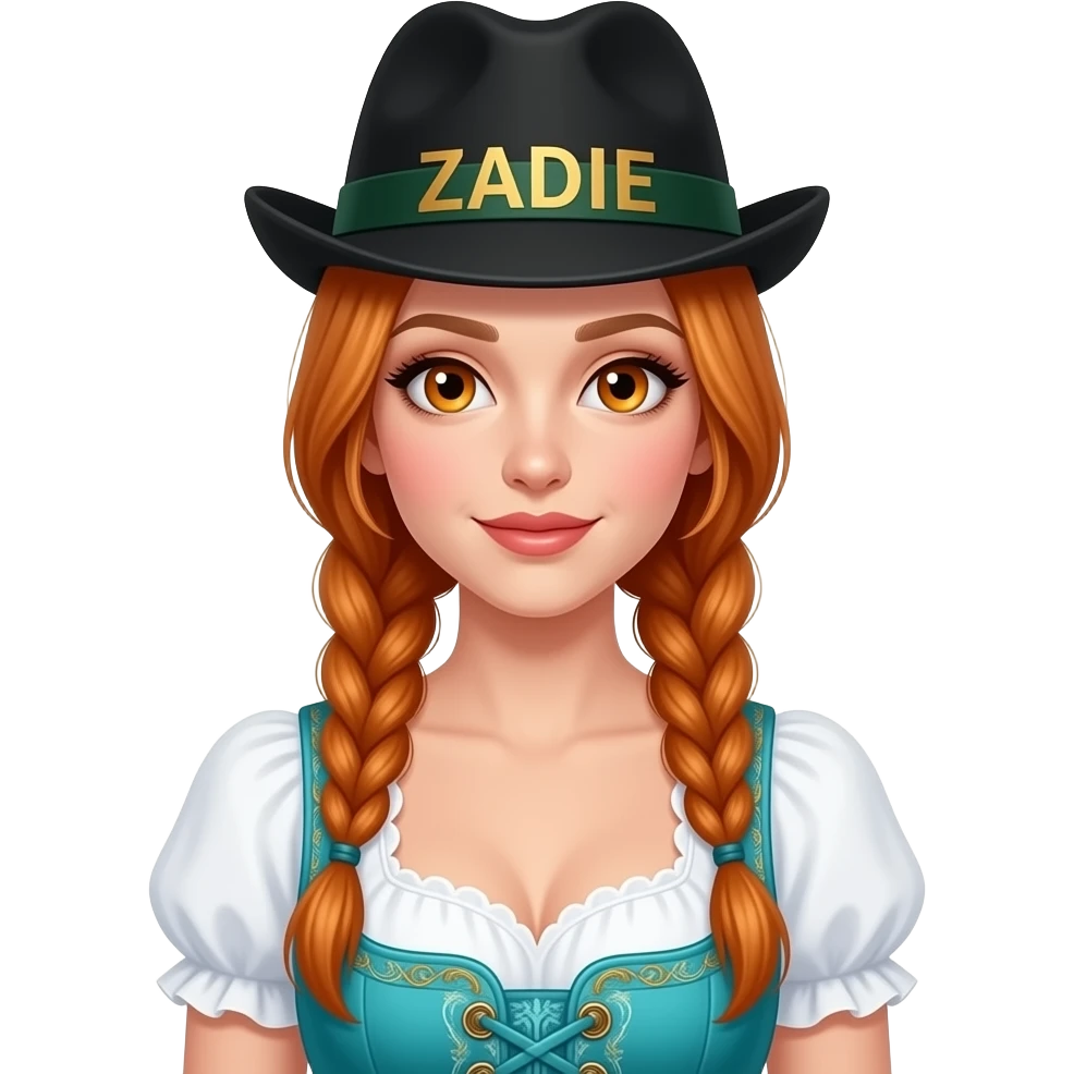 sexy girl with overlong ginger braids and ginger eyes is wearing a turquoise dirndl and a black bavarian hat with ZADIE written on it emoji