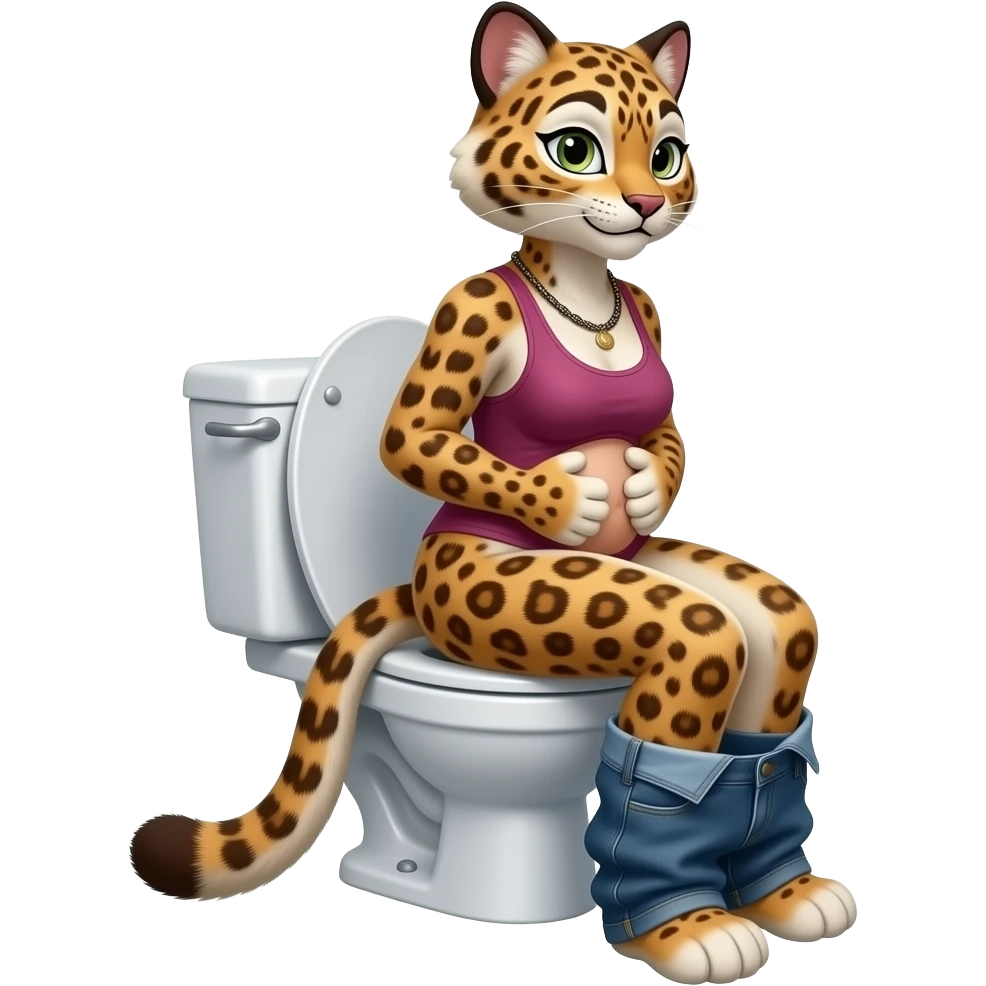 Female puma furry person woman sit on toilet pants off,side,holding stomach,fursona emoji