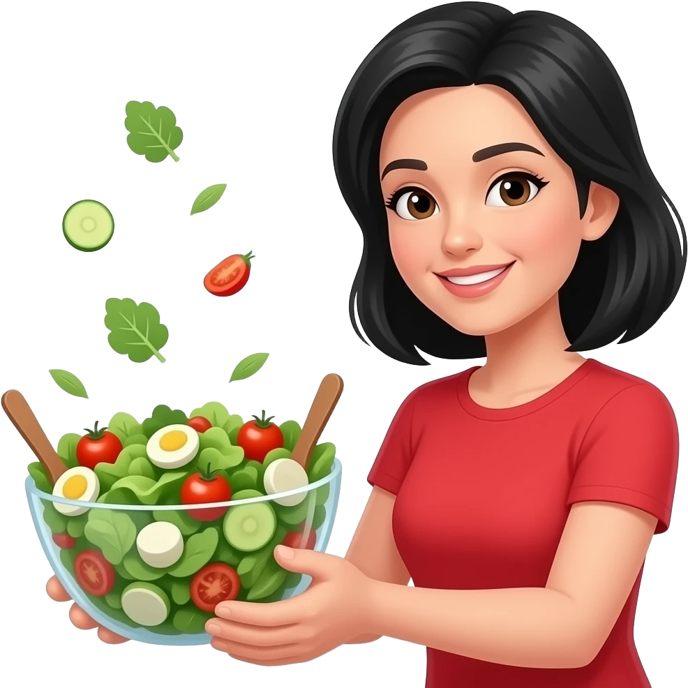 woman with black hair red shirt handing over a salad emoji