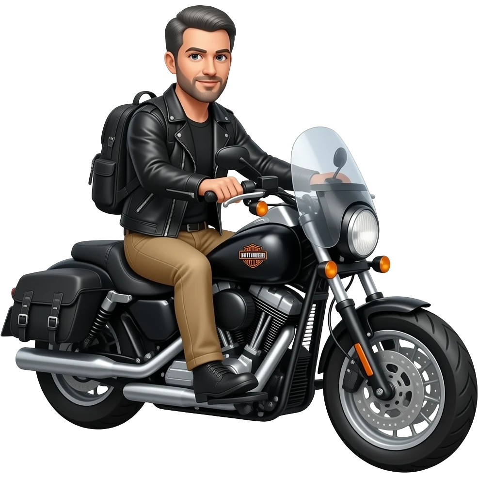 Gray and black short hair clean shaven man with no beard in black leather jacket and black shirt and tan pants and not wearing a obackpack  riding on a harley with a windshield and saddlebags and the orange bar and shield harley logo emoji