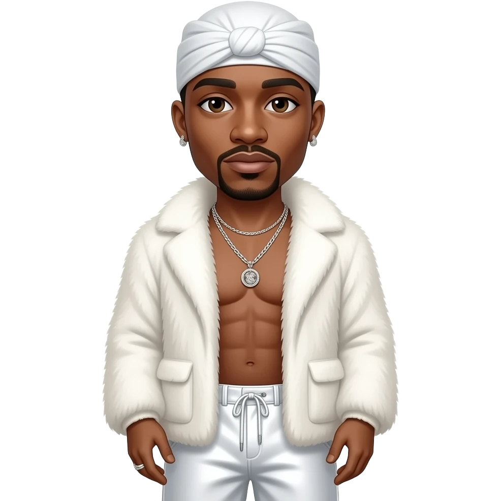 Tupac with brown eyes, bald head, white headscarf, white fur shawl, white metallic baggy pants, shirtless with necklace and earrings emoji