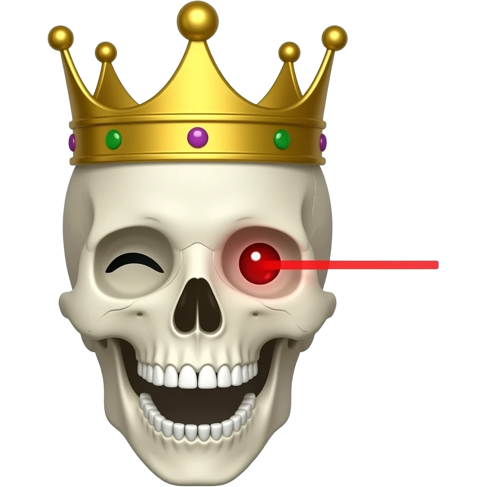 A scull with one red laser eye that is winking and has a crown looking from an 25 degree angle and has open mouth and looking down wards from an angle emoji