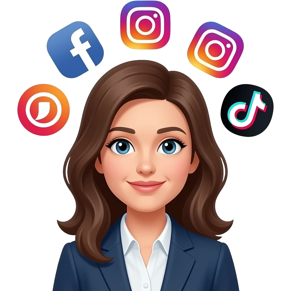 social media manager with logo of facebook, instagram, tik tok etc around her head emoji