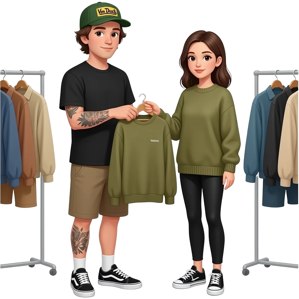 Jeune homme aux cheveux mi long et avec seulement le bras droit couvert de tatouages et avec des vans et avec casquette von dutch et petite femme en legging noir et gros pull kaki avec et avec baskets Valentino qui s’achètent des vêtements emoji