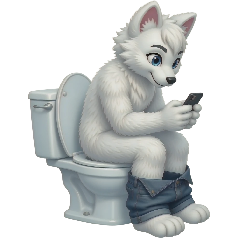 white fursuit sitting on toilet, side view, pants down, looking down at phone emoji