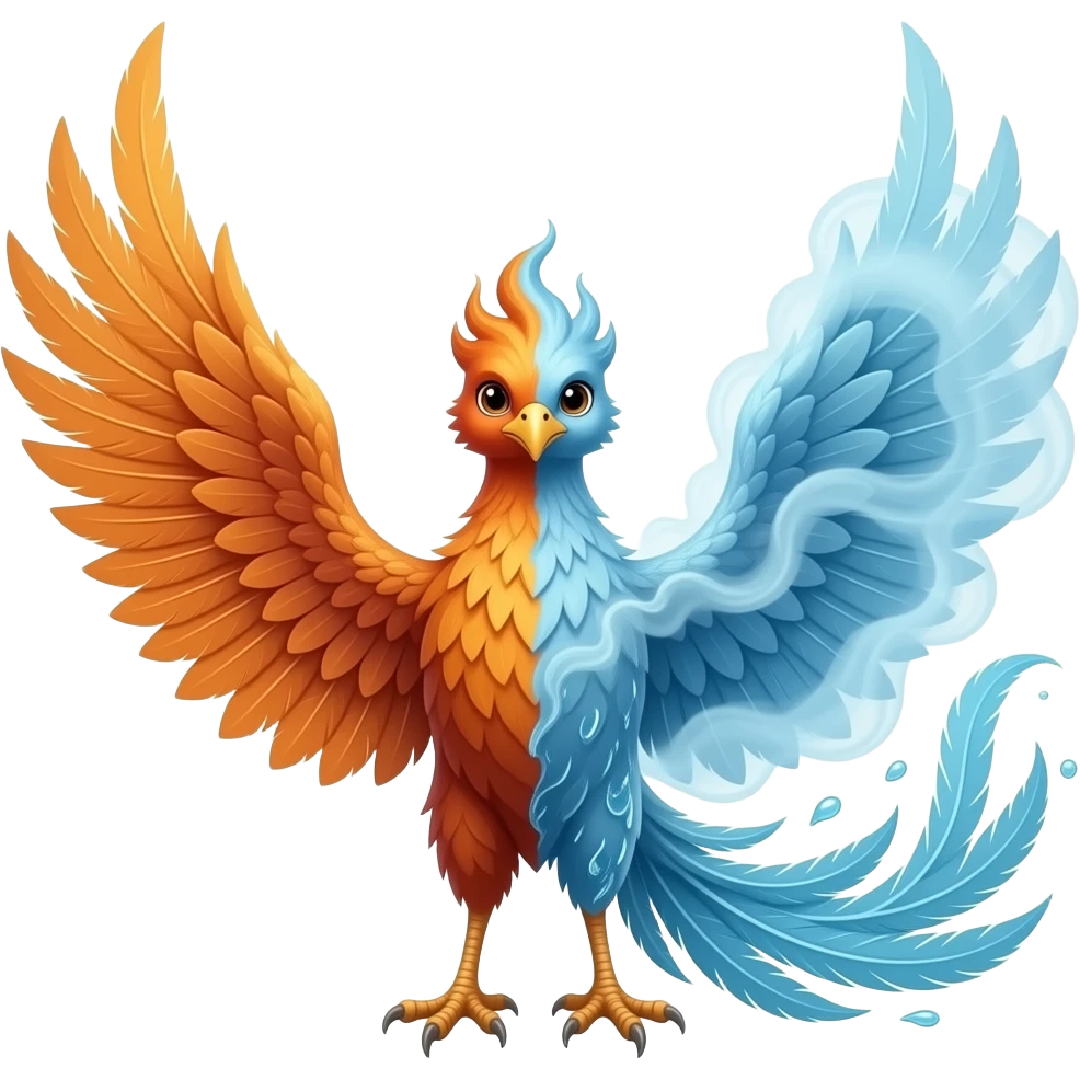 A realistic phoenix with long tail feathers made of Smoke on one side and Water on the other side facing the viewer. emoji