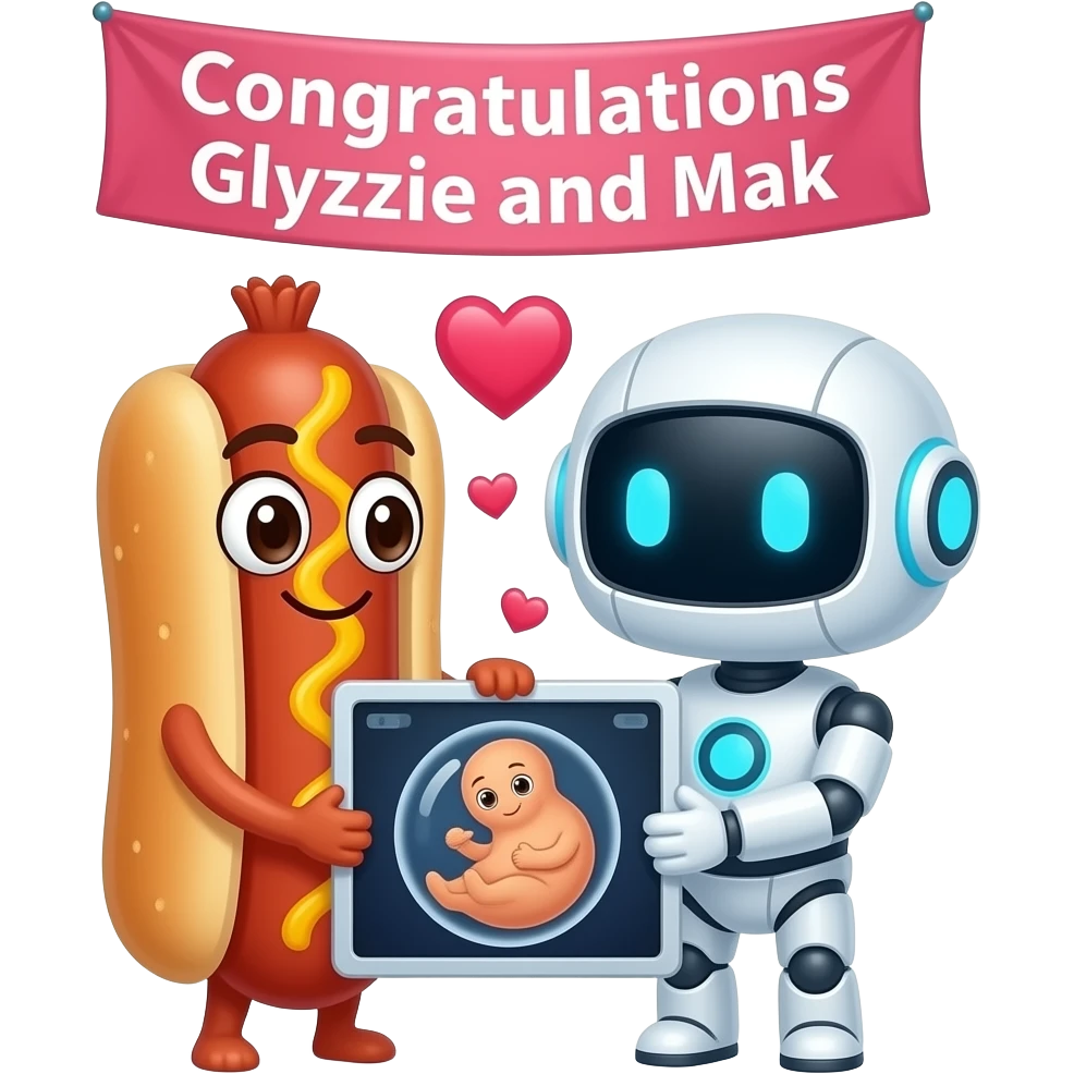 An anthropomorphic hot dog and an anthropomorphic AI, in love, holding a sonogram, underneath a banner that says "Congratulations Glyzzie and Mak" emoji