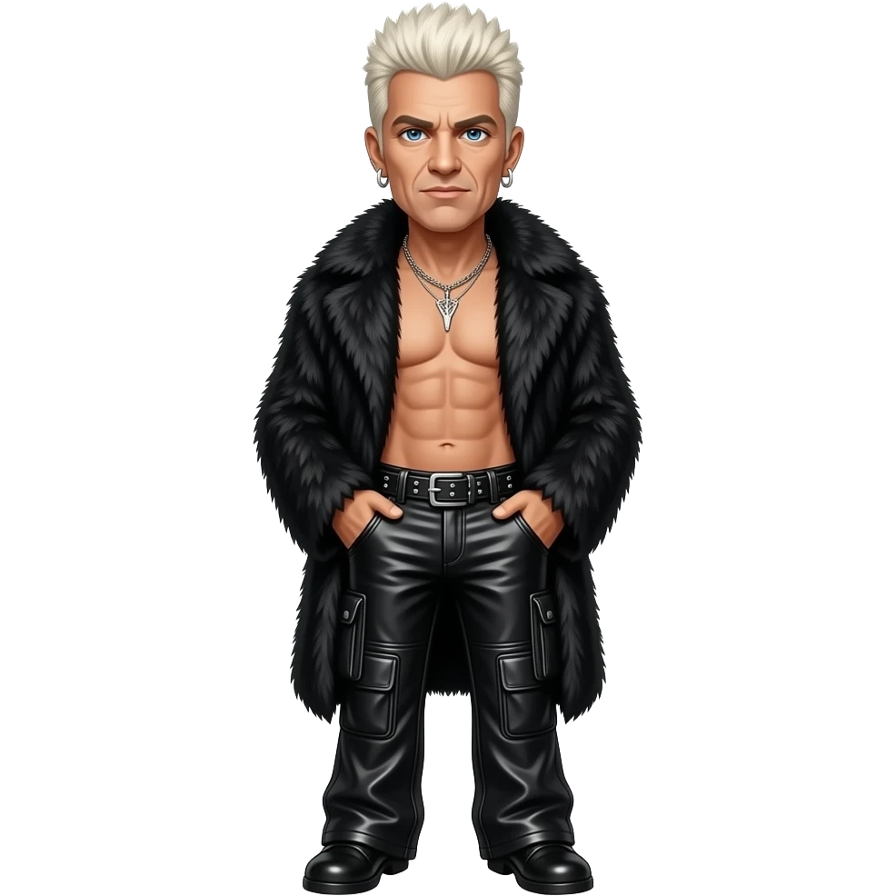 Billy Idol with blue eyes, white blonde hair, black fur shawl, black metallic baggy pants, shirtless with necklace and earrings emoji
