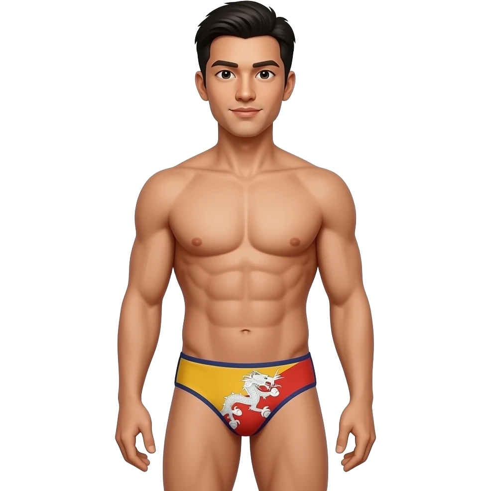 upper body (thighs-up) male human figure with bhutanese face, hair, and body standing with muscular build in thin, narrow thong with bhutan flag theme emoji