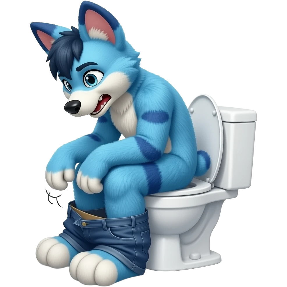 blue fursuit sitting on toilet, side view, pants down, straining red face emoji