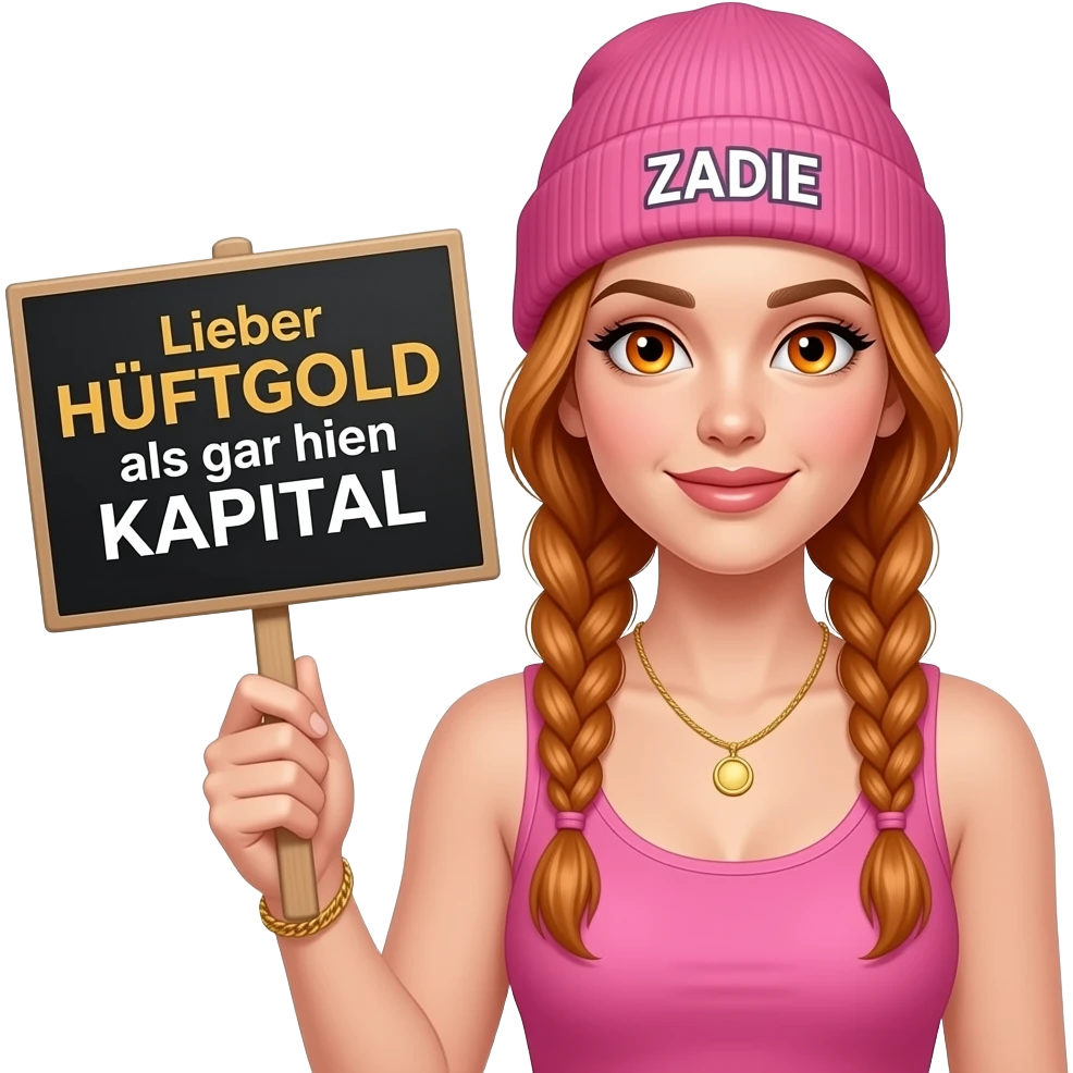 sexy girl with overlong ginger braids and ginger eyes wearing a pink tanktop and a pink beanie with ZADIE written on it, is holding a black sign with Lieber HÜFTGOLD als gar kein KAPITAL written on it emoji