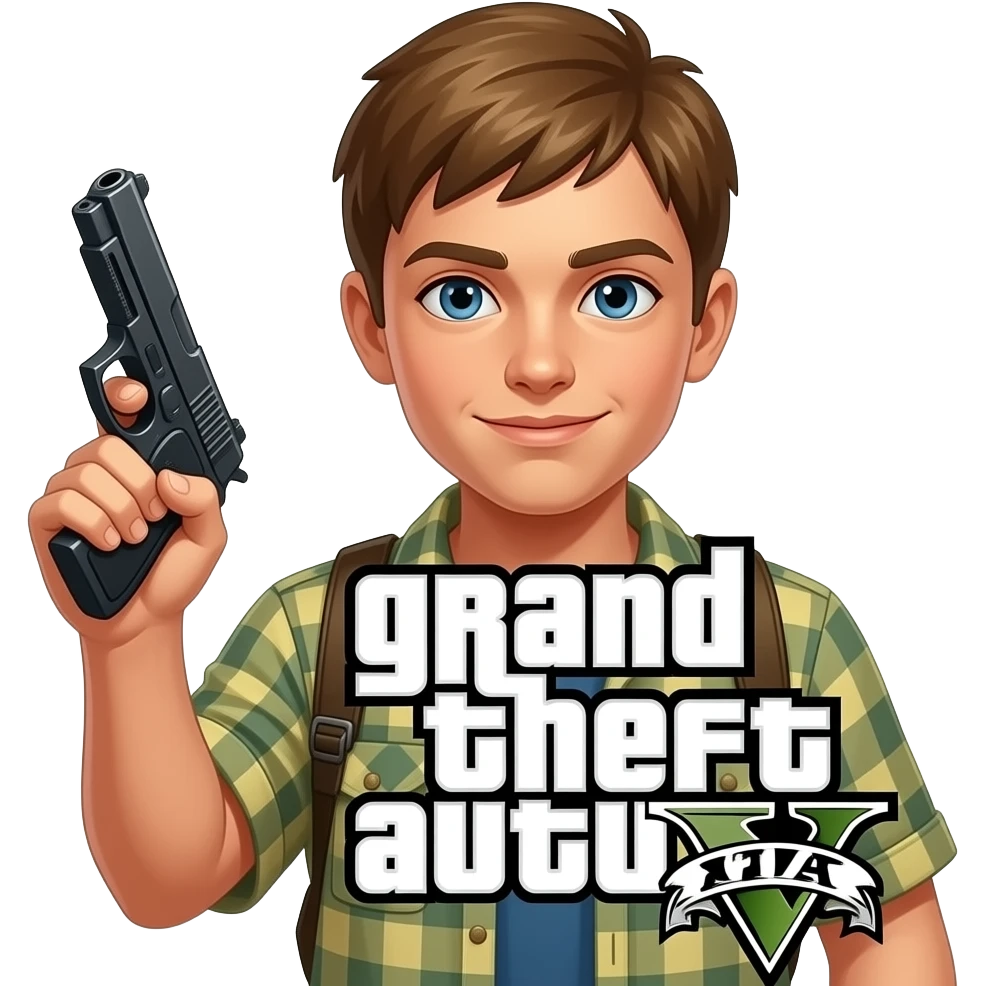A white boy that has Light brown hair that has a gun in his hand that has A grand theft auto V sign in front emoji