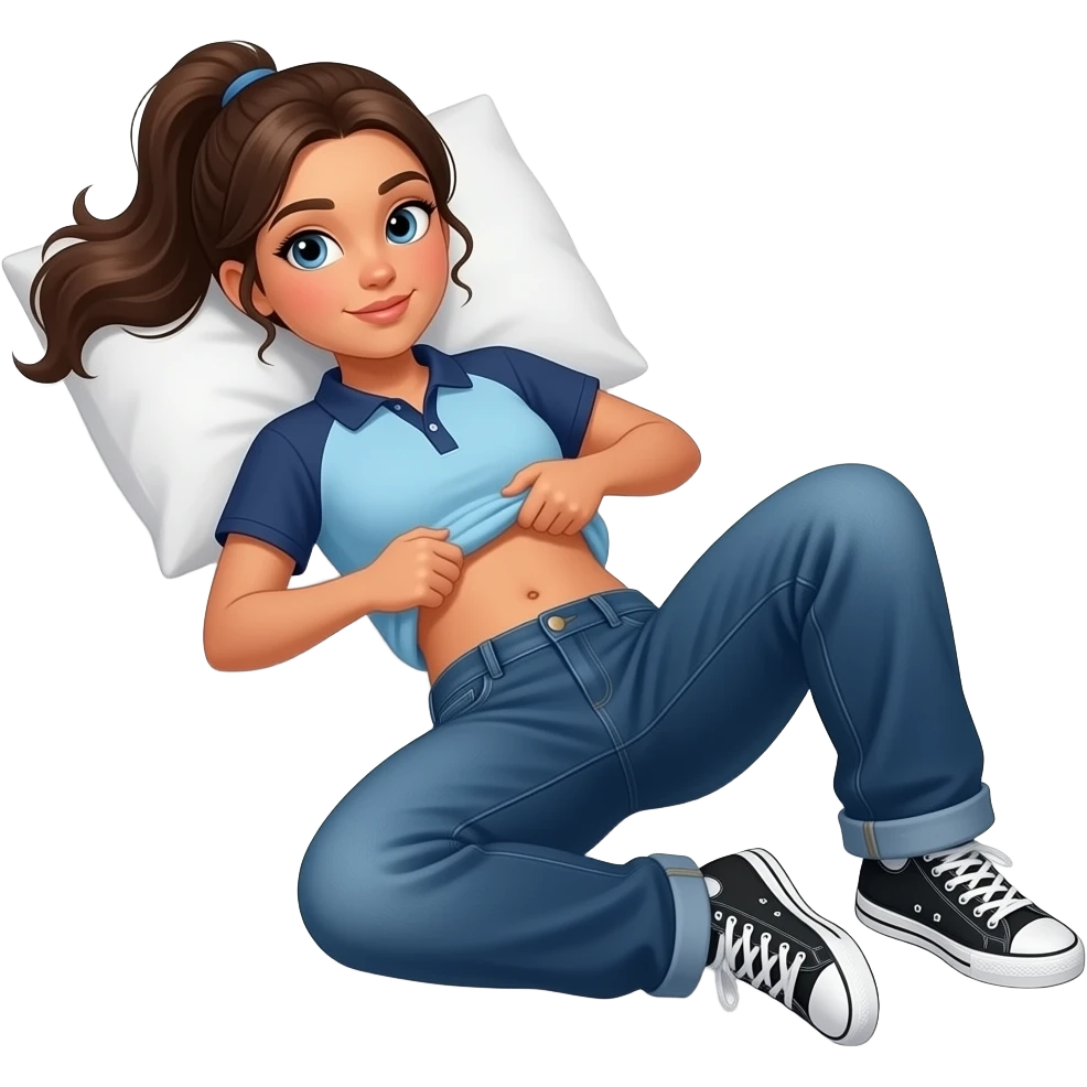 Hispanic girl with brown ponytail and blue eyes light blue and dark blue polo and dark blue baggy jeans and white and black sneakers and belly button laying down on her pillow on her bed lifting her shirt doing a belly rub emoji