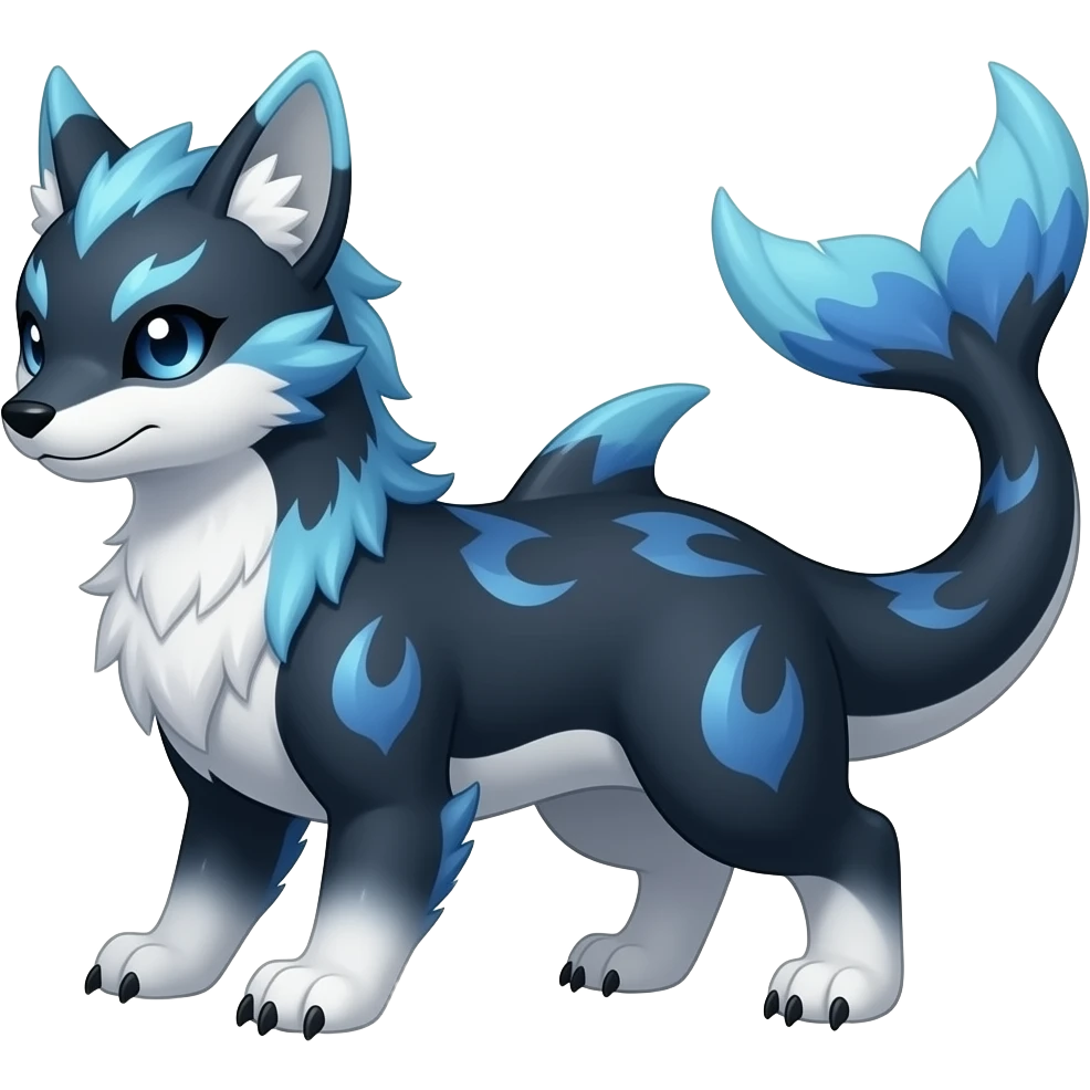 Bluish blackish whitish greyish gradients Absol-Amaura-Xerneas-Aurorus-Vulpix-hybrid with orca tail emoji