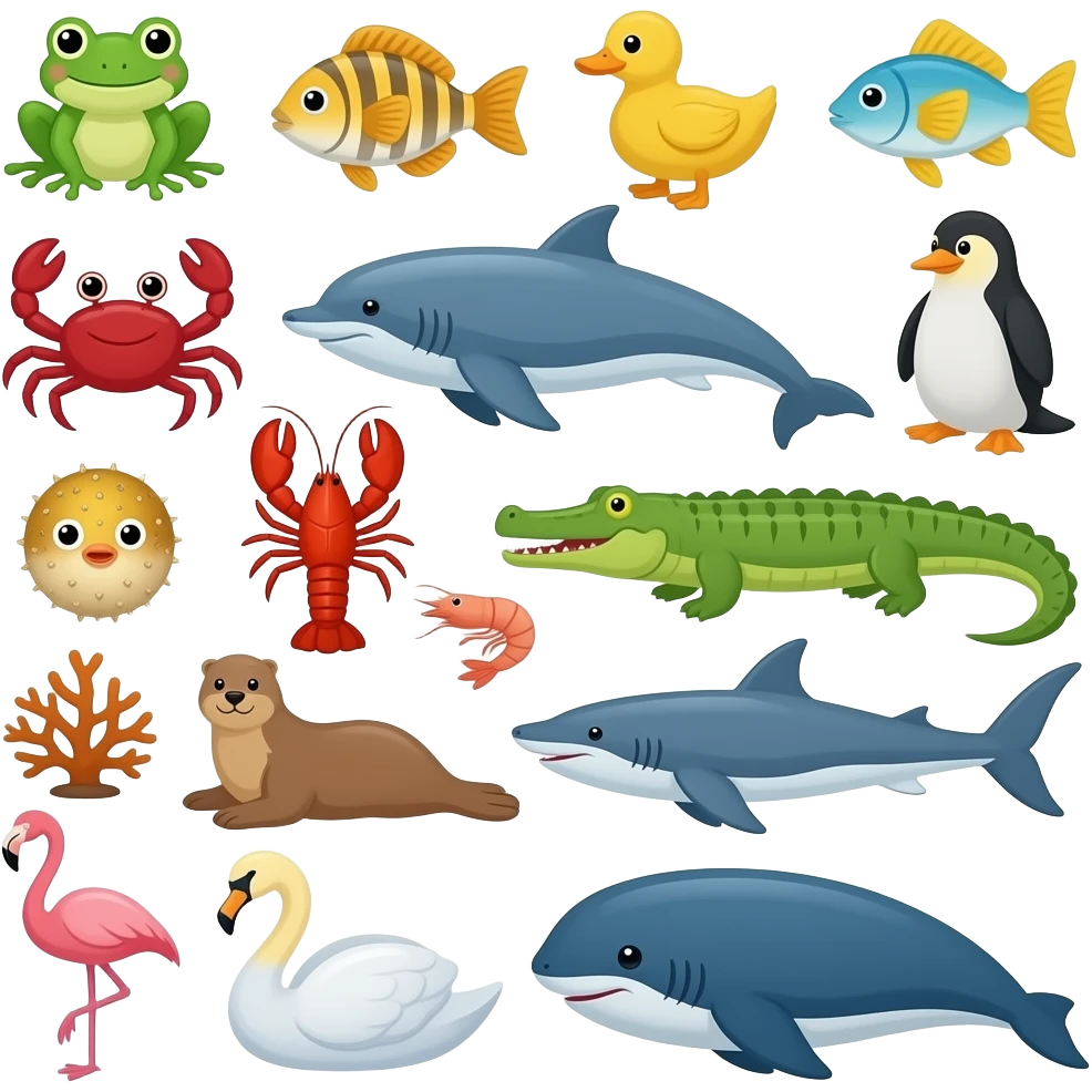 🐸🐟🦆🐠🦀🐙🐬🐳🐧🐡🦞🦐🐊🦑🦈🪸🪼🦩🦭🦢🦦🐋 emoji